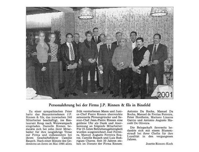 Mise à l'honneur 2001 - Honneurs aux collaborateurs